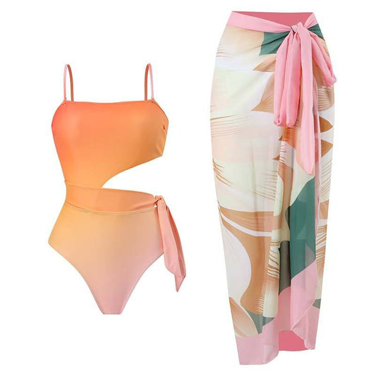 Gradient Print Fashion Swimsuit Set Cover Up Biquini Naranja Swimwear With Skirt Patchwork Women's Bandage Summer Beach - Mammalook