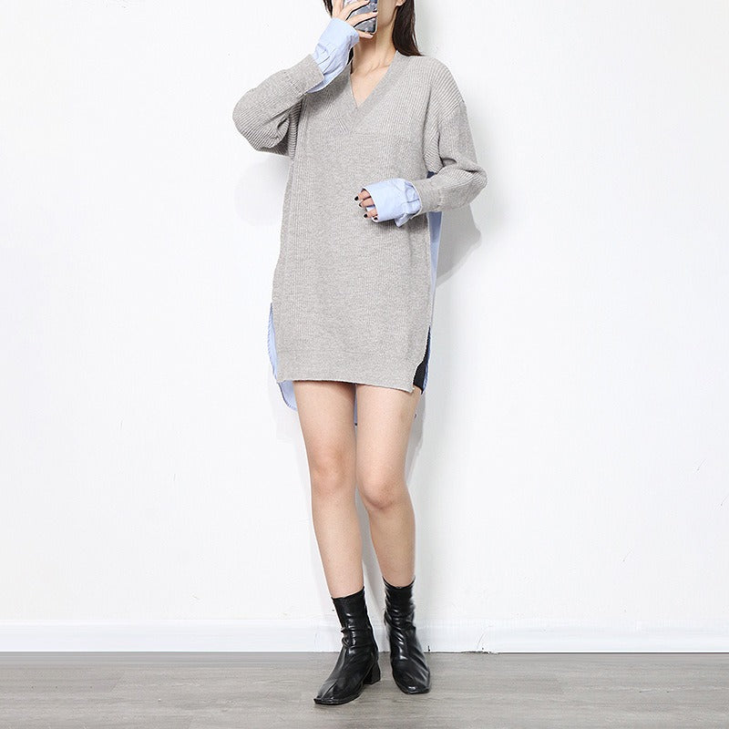 Patchwork Colorblock Sweater For Women V Neck Long Sleeve Loose Straight Knitting Pullover Female Fashion Clothing - Mammalook