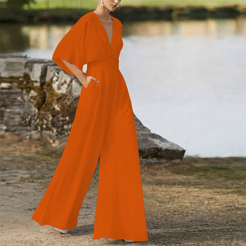 Jumpsuit deep V-high waist wide leg long pants women's dress - Mammalook