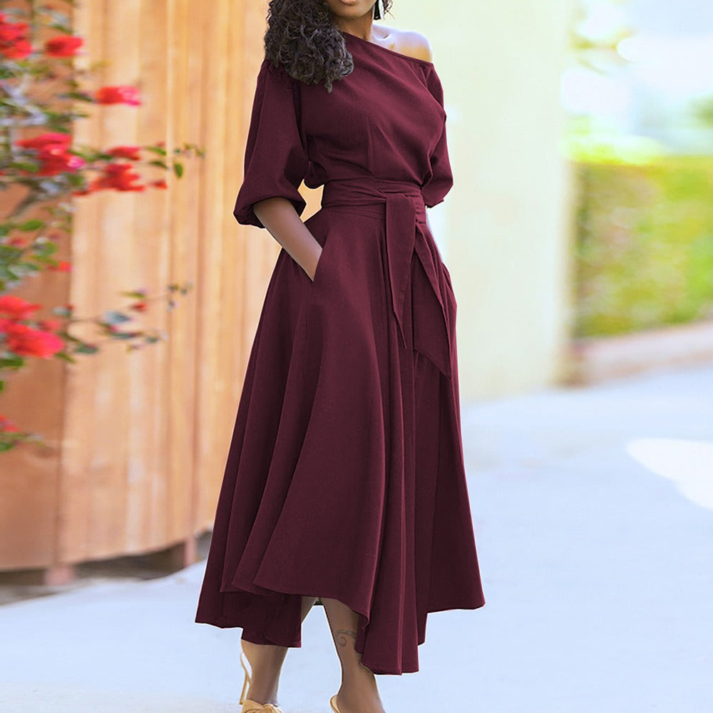 Fashionable solid color waistband slimming and sexy diagonal shoulder dress - Mammalook
