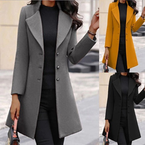 Autumn/Winter Mid length Korean Edition Flip Collar Slim Solid Color Slim Fit Women's Woolen Coat Coat - Mammalook