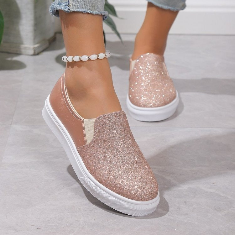 Round Toe Flat Shoes With Sequined Loafers Walking Shoes Women - Mammalook