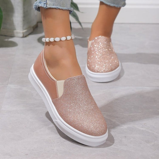 Round Toe Flat Shoes With Sequined Loafers Walking Shoes Women - Mammalook