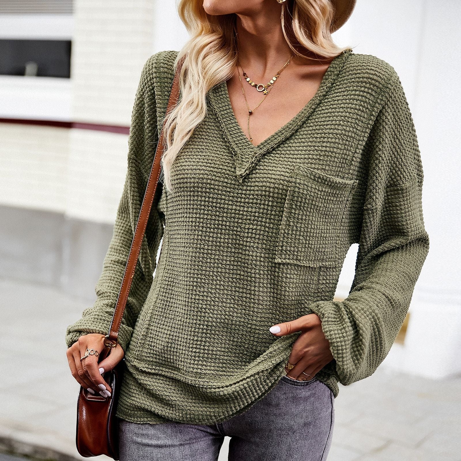 Solid color knitted shirt women's V-neck long sleeved top - Mammalook