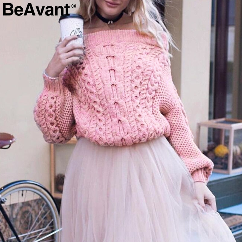 Twist knitted off shoulder women sweater Batwing sleeve blue winter sweater pullover Loose casual knit jumper female - Mammalook