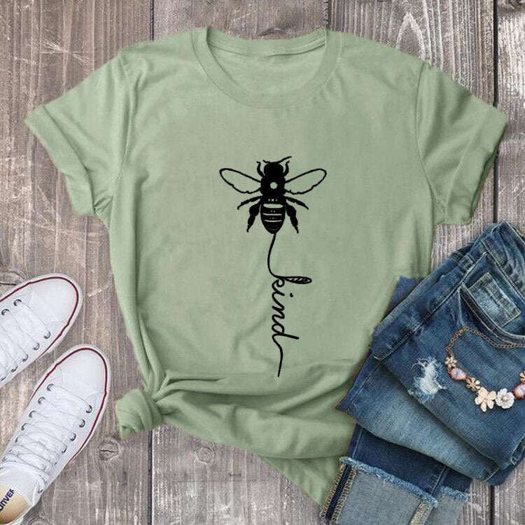Cotton T Shirt Bee Kind Print Women Short Sleeve O Neck Loose Tshirt Summer Tee Shirt Tops - Mammalook