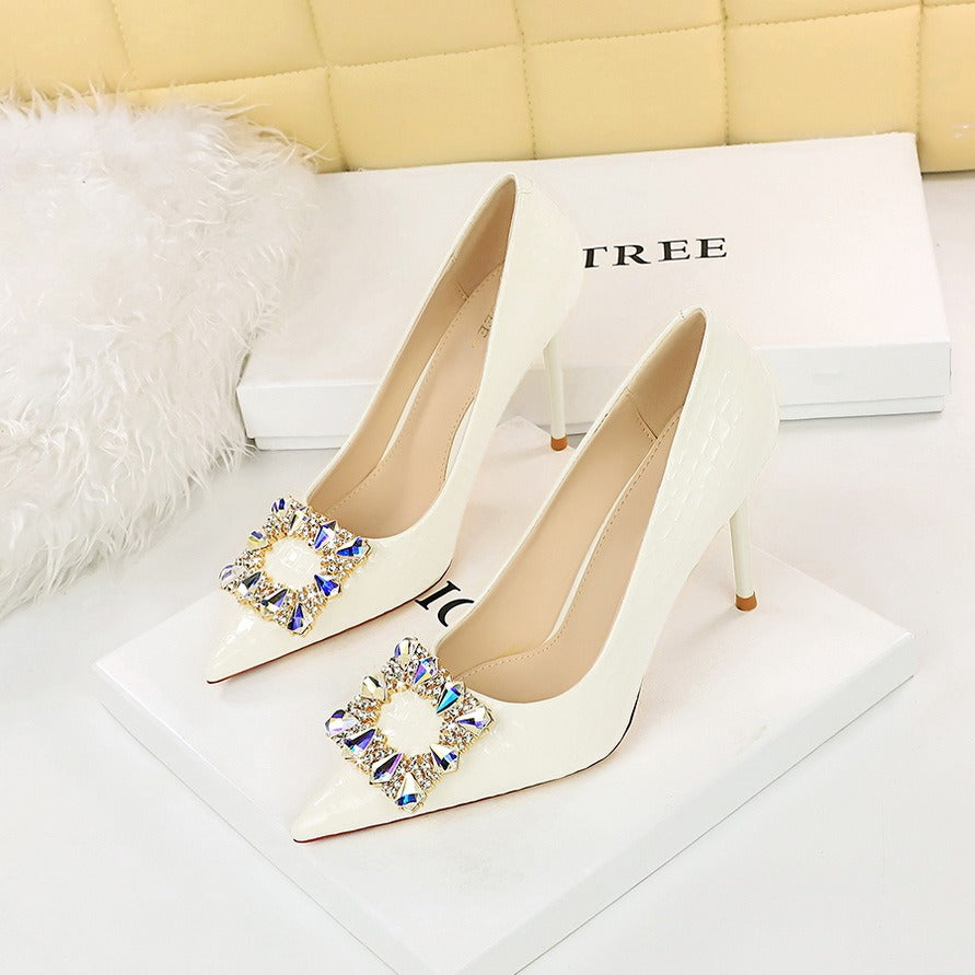 Banquet high heels thin women shoes stiletto super high heel shallow mouth pointed metal rhinestone buckle single shoes - Mammalook