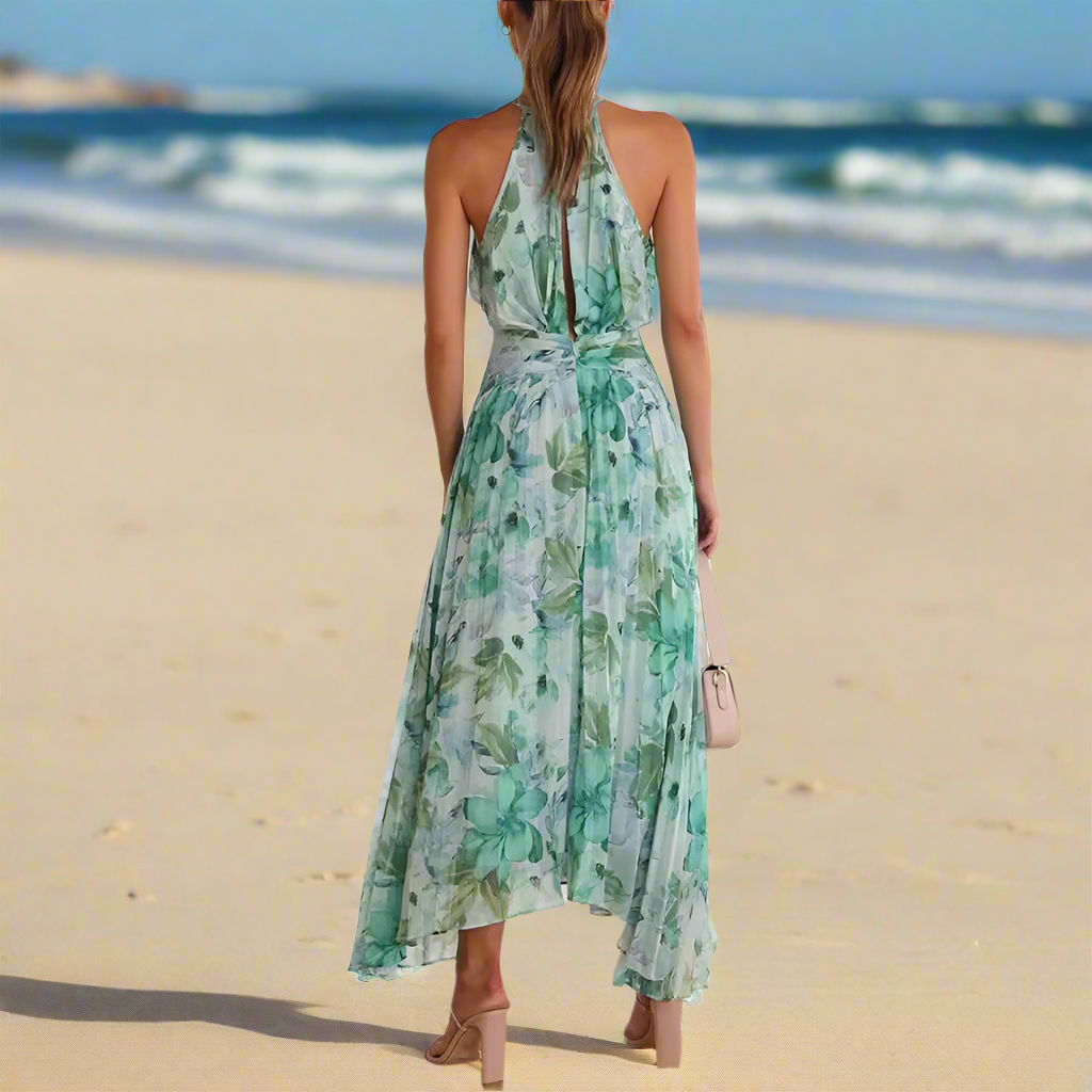 Women's Sleeveless Halter V-Neck Maxi Dress –