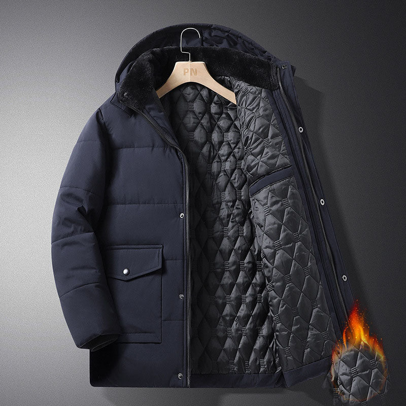 Men’s Winter Hooded Coat – Thickened Warm Cotton, Windproof & Business Casual