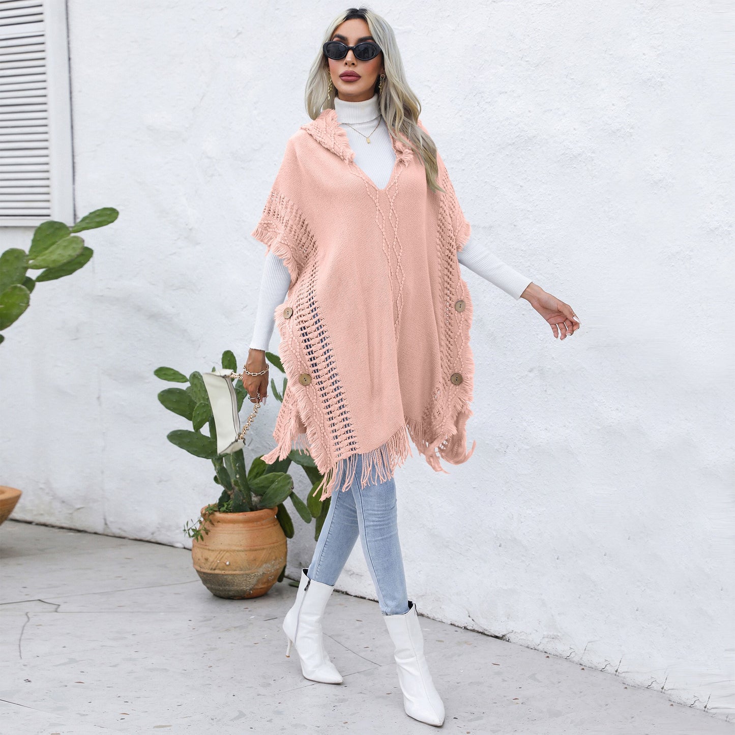 Women's casual loose V-necktie hat pullover medium length sweater vest cape top jacket - Mammalook