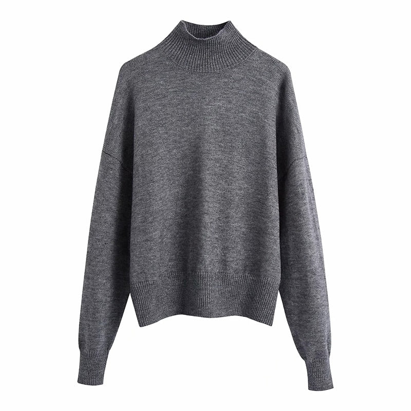 Women Fashion Solid Knit Sweater Top Long Sleeves High Neck Vintage Female Knitted Sweaters Pullover Chic Tops - Mammalook
