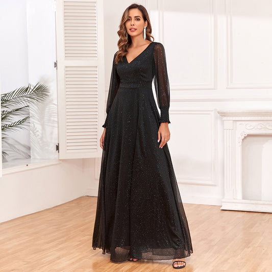 Trendy Luxury Evening Dresses Tulle Long Sleeve V-neck Split A-line Lined prom dresses Shiny Black Bridesmaid Dresses - Mammalook