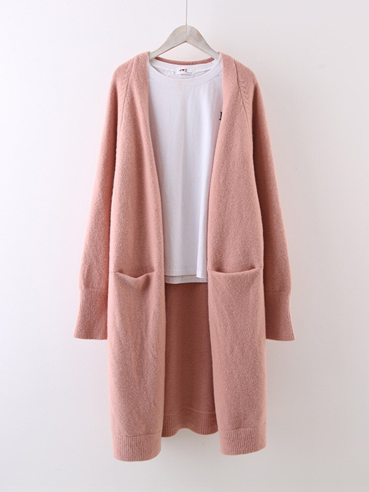 Woman Knitted Sweater Solid Pockets Long Sleeve Cardigan Simple Elastic Loose Casual Style Top New Autumn Fashion - Mammalook