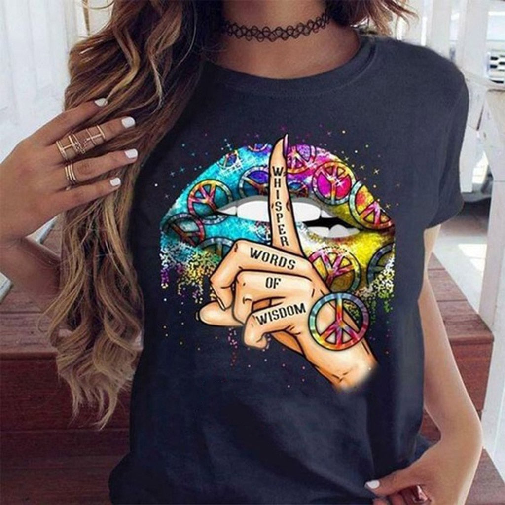 Lips Watercolor Graphic T Shirt lip Women Tops Shirt Base O-neck Sexy Black Tees Kiss lip Funny whisper words Girls Tshirt - Mammalook
