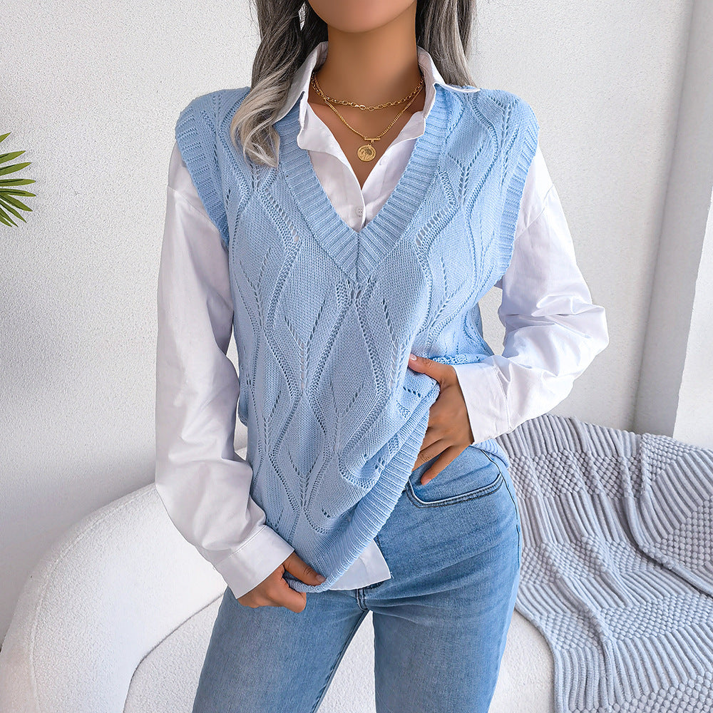 Street Style Hollow Diamond V-Neck Knitted Vest Sweater - Mammalook