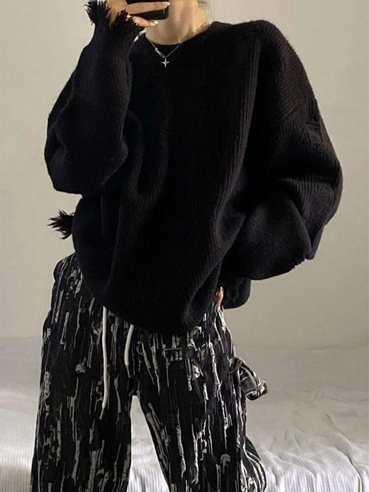 New Fall And Winter Design Sense Niche Retro Japanese Lazy Style Senior Sense Loose Black Sweater - Mammalook