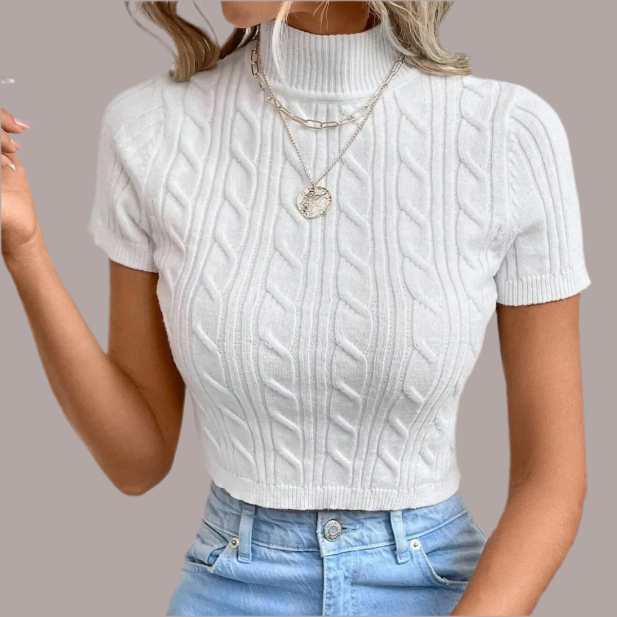 Knitted Polo Half Sweater - Cropped Slim Fit Turtleneck Short Sleeve