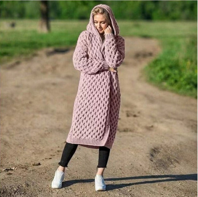 New Solid Color Women's Long Knitted Sweater Hooded Cardigan Coat - Mammalook