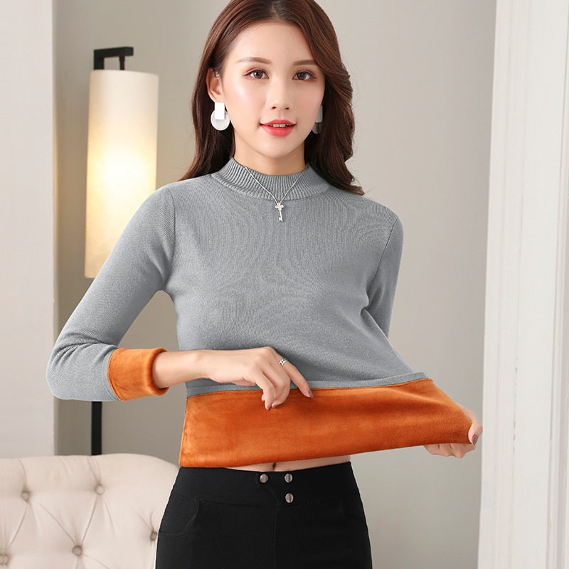 Women Thick Warm Sweaters Thermal Underwear Long Johns Solid O-neck Velvet Jumper Sweaters For Women Winter - Mammalook