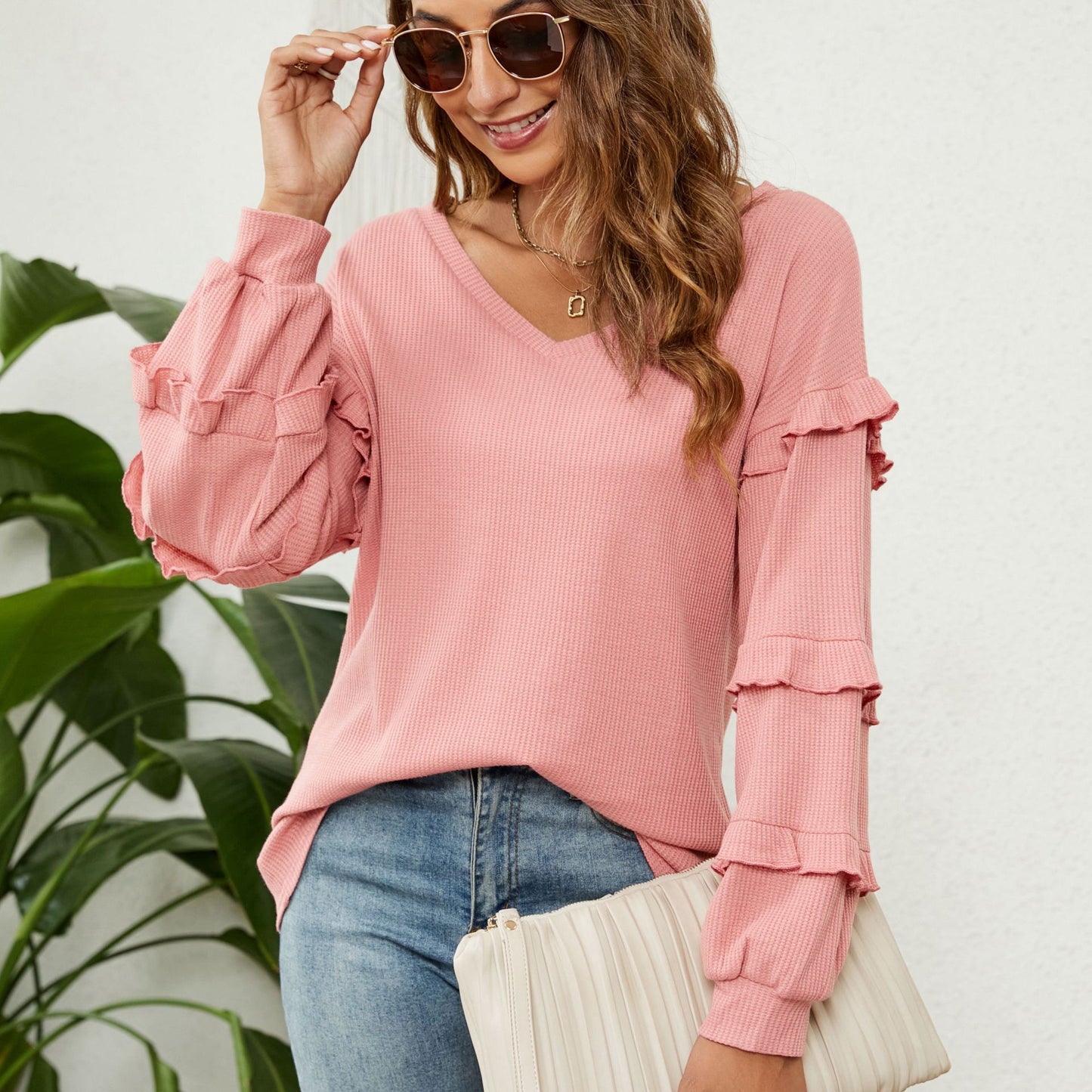 Top Autumn And Winter New Women's Waffle V-Neck Ruffled Lantern Sleeve Top - Mammalook