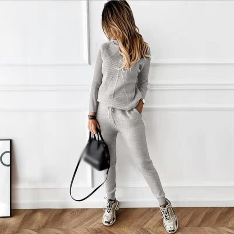 2-Piece High Collar Solid Color Sweater Set for Women - Mammalook