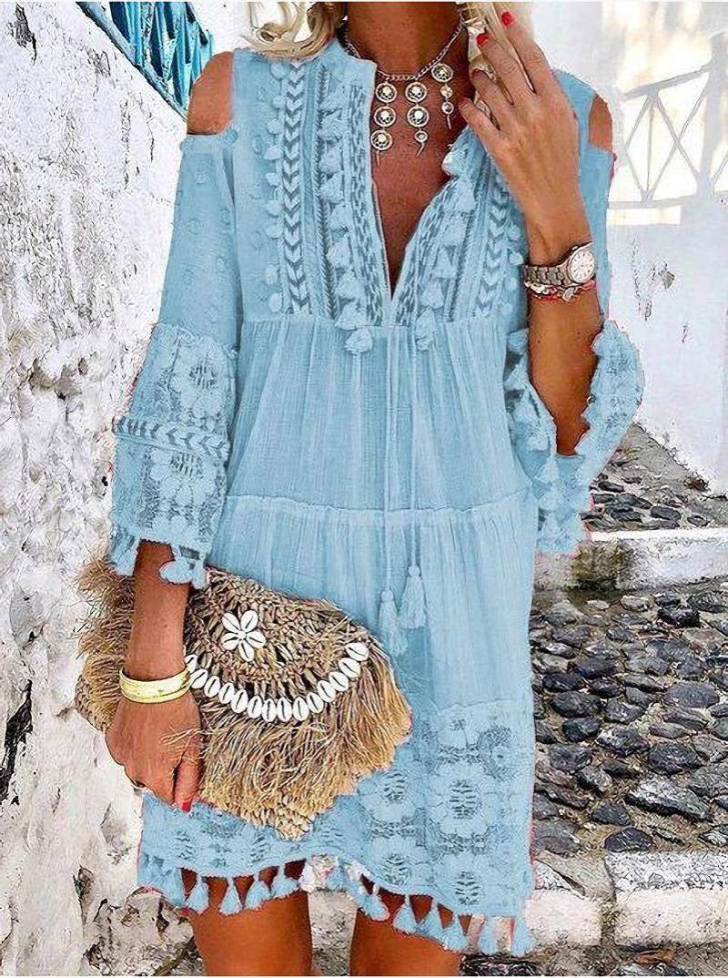 Boho Lace Tassel V-Neck Dress