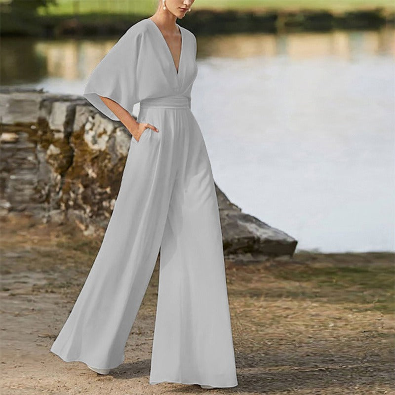 Jumpsuit deep V-high waist wide leg long pants women's dress - Mammalook