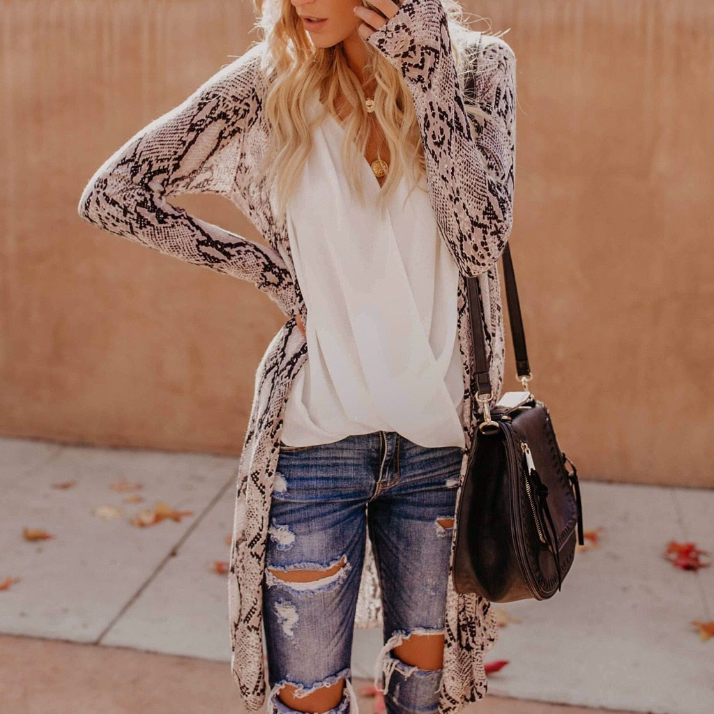 Womens Blouses Fashion Sexy Long Sleeves Leisure Snake Print V-Neck Long Cardigan Coat Casual Blusas Camisas Mujer - Mammalook
