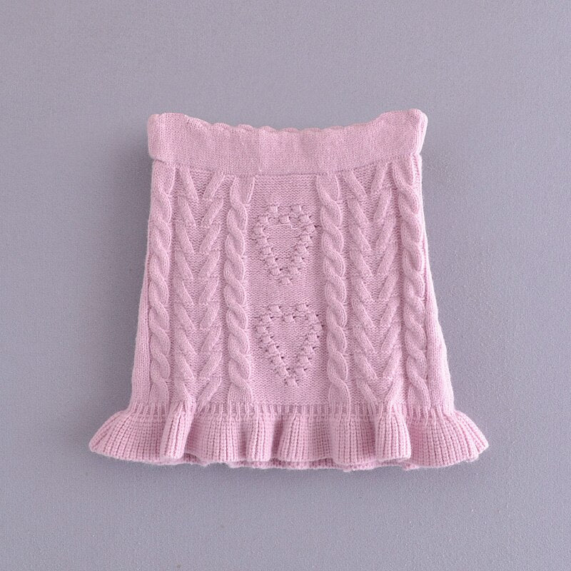 Knitted Twist Puff Long Sleeve Pullover Sweater with Ruffles Hem and High Waist Mini Skirt - Mammalook