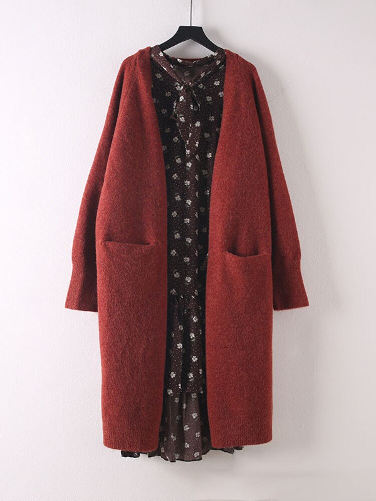 Woman Knitted Sweater Solid Pockets Long Sleeve Cardigan Simple Elastic Loose Casual Style Top New Autumn Fashion - Mammalook