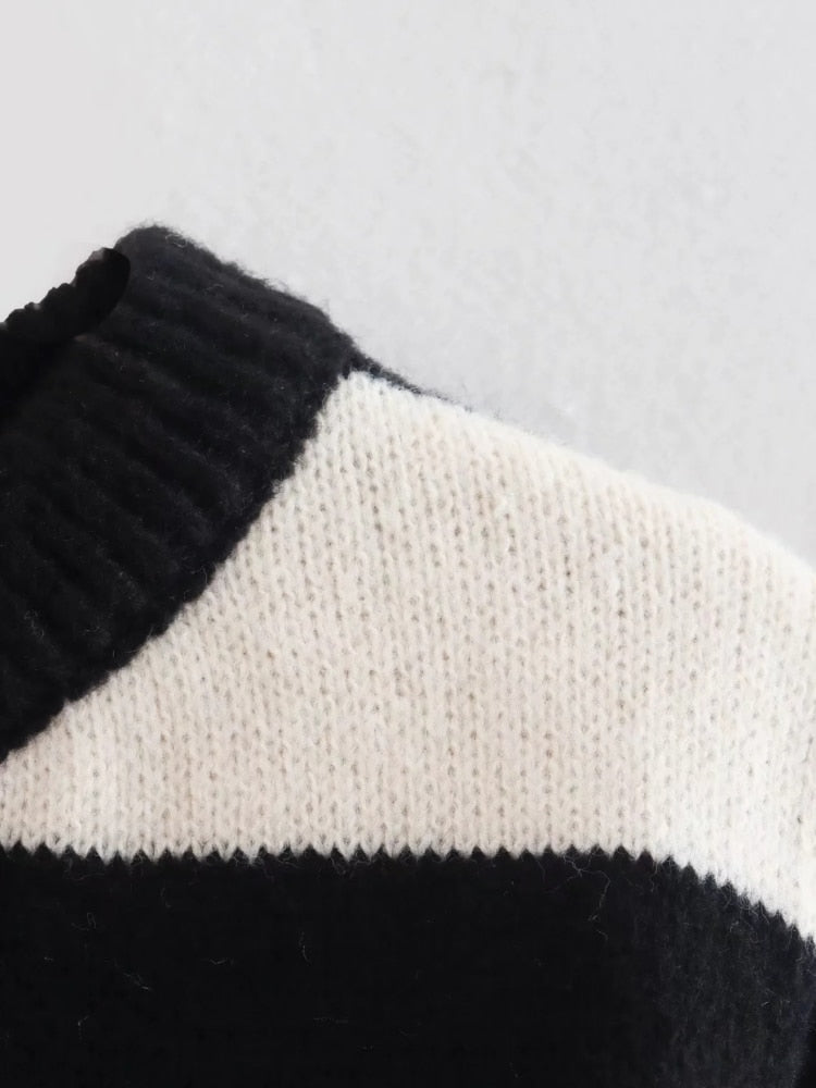 Women Black White Striped Knitted Sweater Summer Female Long Sleeve Pullover Casual Lady Crop Tops - Mammalook