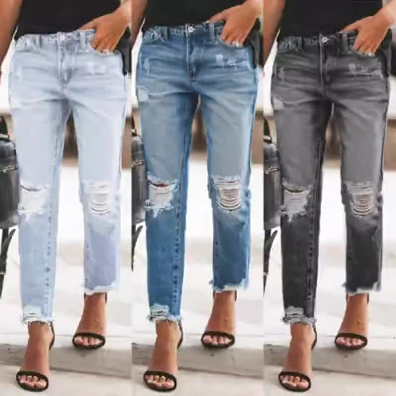 High Waist Women Straight Leg Jeans New Retro Blue Ripped Straight Leg Pants Loose Casual Pencil Jeans Women's Street Pants - Mammalook