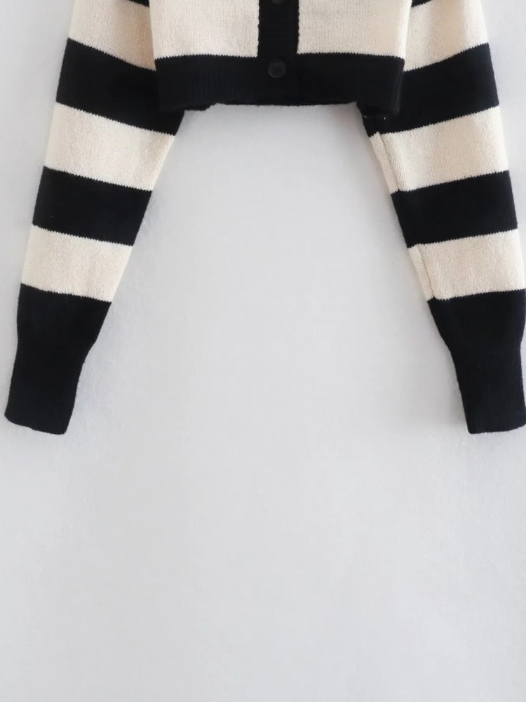 Women Black White Striped Knitted Sweater Summer Female Long Sleeve Pullover Casual Lady Crop Tops - Mammalook