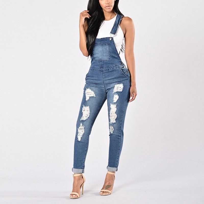 Women Overalls Cool Denim Jumpsuit Ripped Holes Casual Jeans Sleeveless Jumpsuits - Mammalook