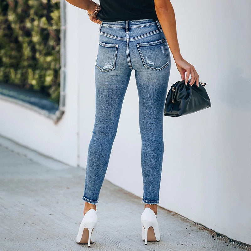 Trend Blue Hight Waist Casual Ripped Streetwear Pant Jeans Women - Mammalook