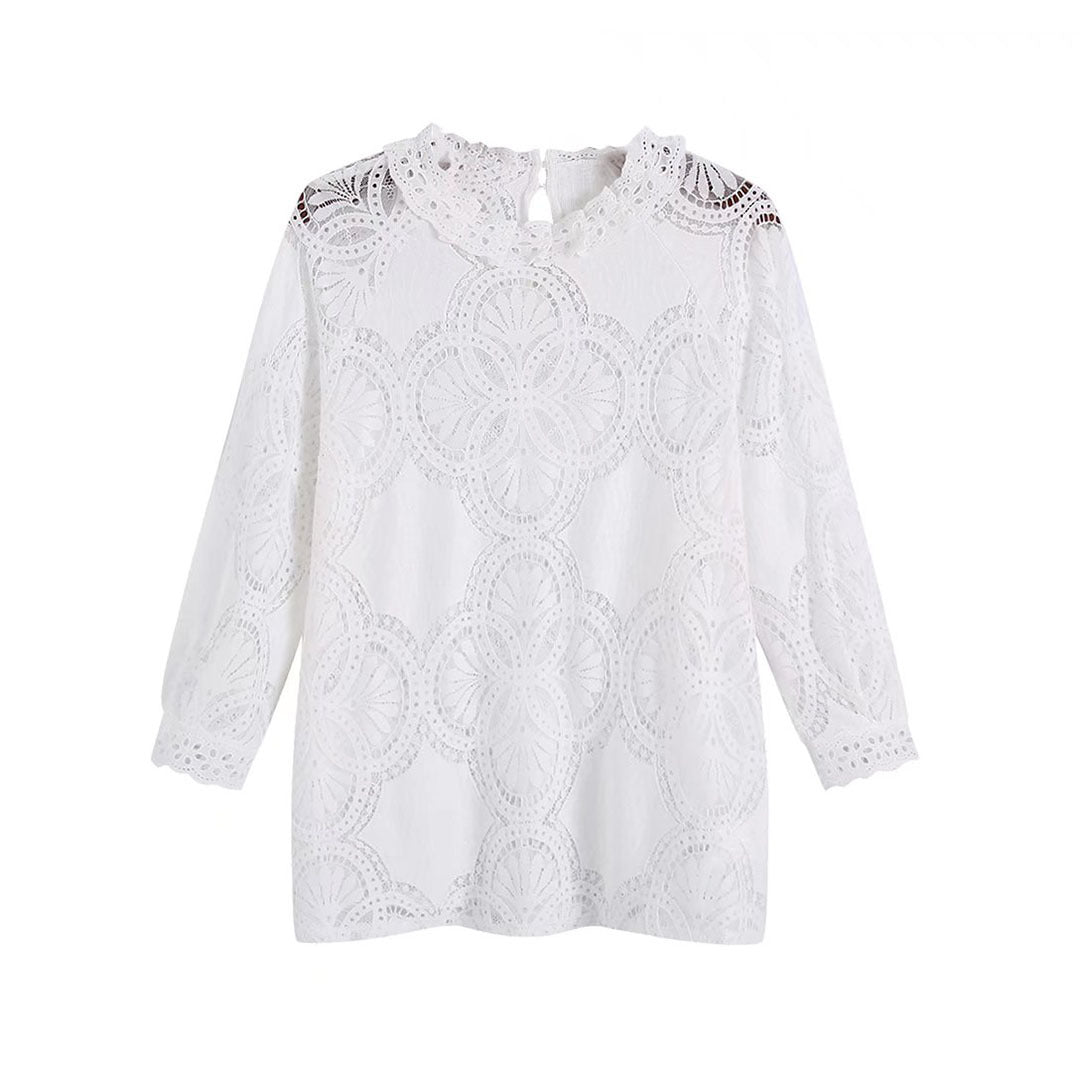 Spring New Women's Hollow Embroidered Blouse Stand Collar Three-quarter Sleeve Slim Fit All-match Top - Mammalook