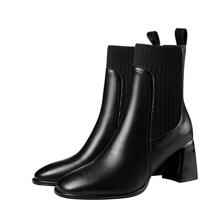 Spring, Autumn, and Winter New Women's Boots Thick Heel Square Head Short Boots Women's High Heel Knitted Woolen Socks Boots Elastic Martin Boots - Mammalook