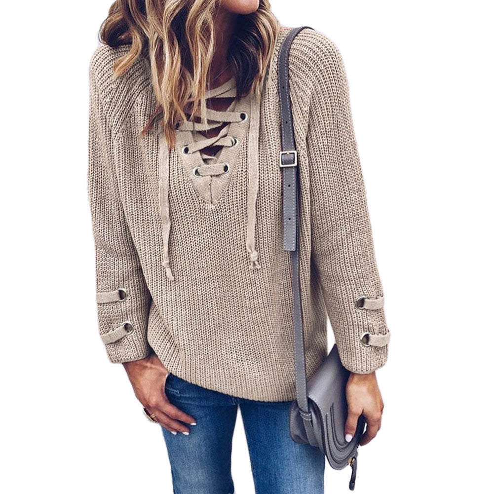 Conmoto Solid White Casual Sweater Lace Up Women Sweater Long Sleeve Autumn Winter Sweater Street Fashion - Mammalook