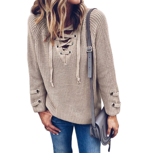 Conmoto Solid White Casual Sweater Lace Up Women Sweater Long Sleeve Autumn Winter Sweater Street Fashion - Mammalook