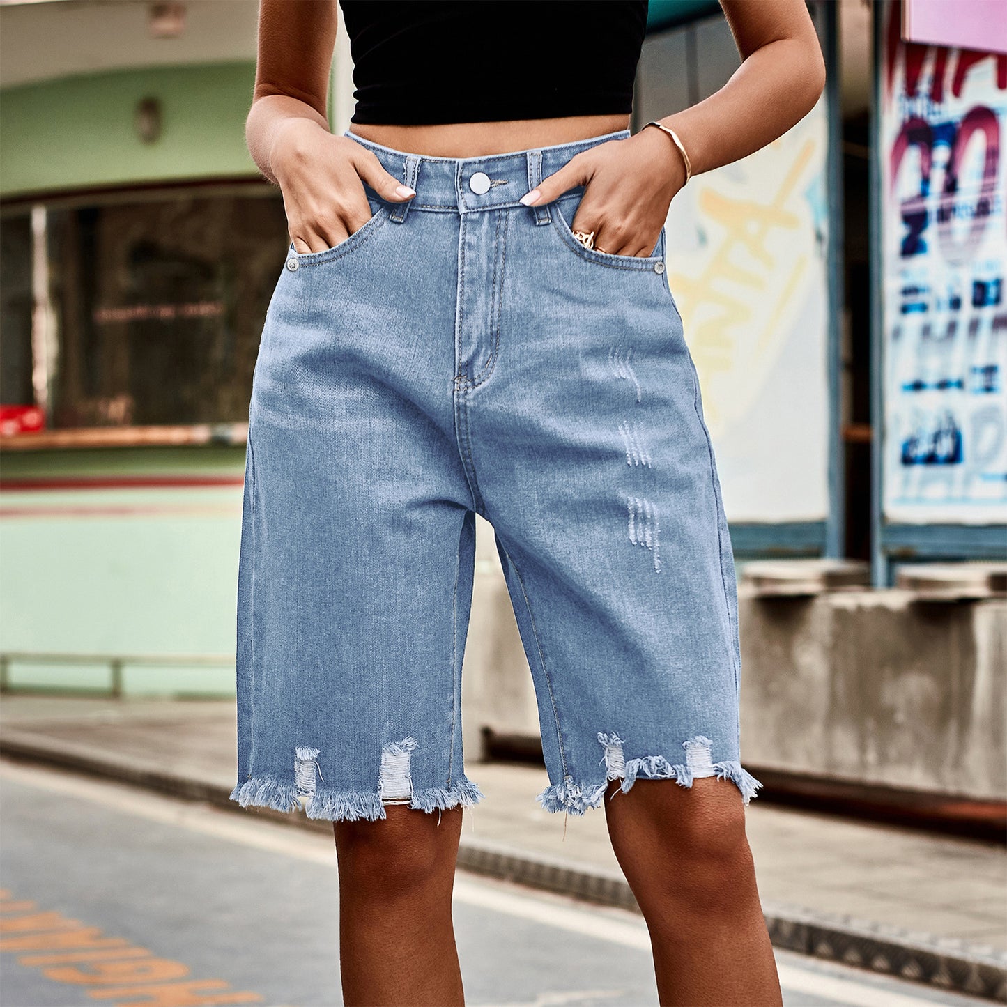 Denim ripped cropped pants, fashionable fringe jeans