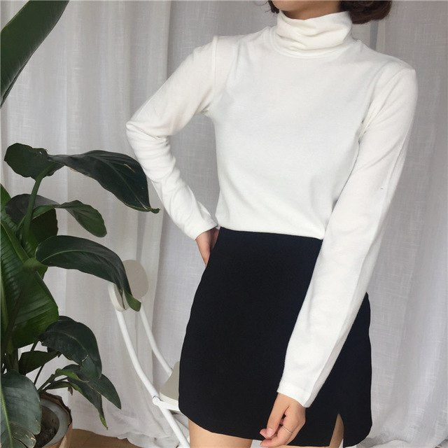 T-shirts Women Turtleneck Retro Chic Long Sleeve All-match Simple Student Daily Solid Sweet Womens Tshirt Korean Style Girls - Mammalook