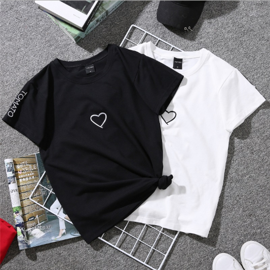 Summer Couples Lovers T-Shirt For Women Casual White Tops Tshirt Women T Shirt Love Heart Embroidery Print T-Shirt Female - Mammalook
