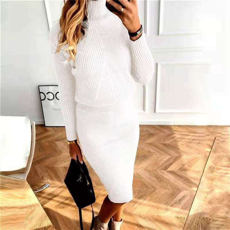 High necked knitted solid color pullover sweater set skirt - Mammalook