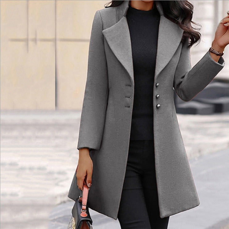 Autumn/Winter Mid length Korean Edition Flip Collar Slim Solid Color Slim Fit Women's Woolen Coat Coat - Mammalook