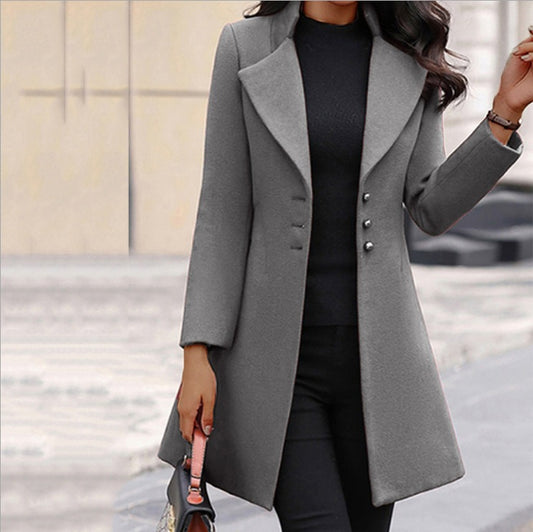 Autumn/Winter Mid length Korean Edition Flip Collar Slim Solid Color Slim Fit Women's Woolen Coat Coat - Mammalook