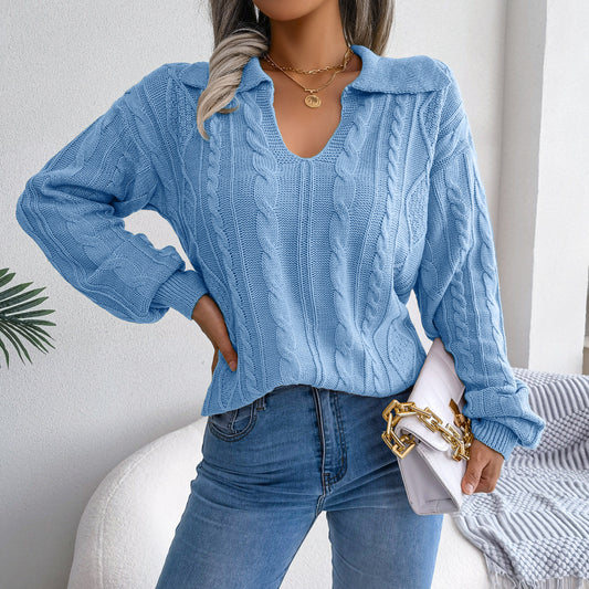 Casual Lapel Knitting Sweater with Fried Dough Twist and Lantern Sleeves - Mammalook