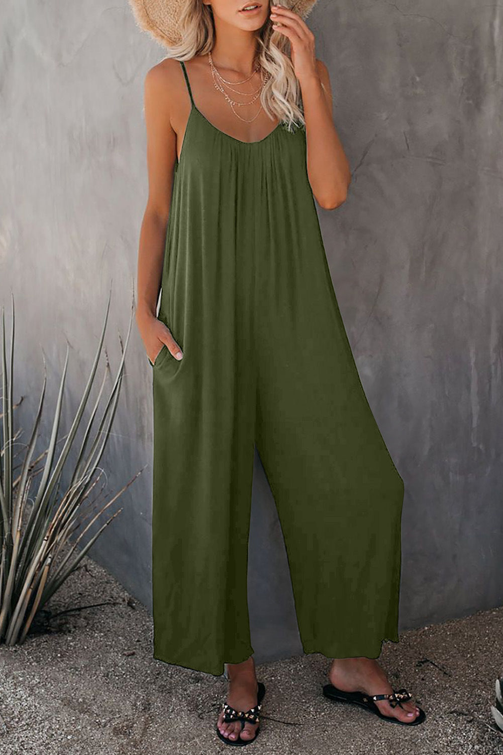 Suspender Jumpsuit Women's Summer Solid Color Slip Pocket Casual Jumpsuit - Mammalook