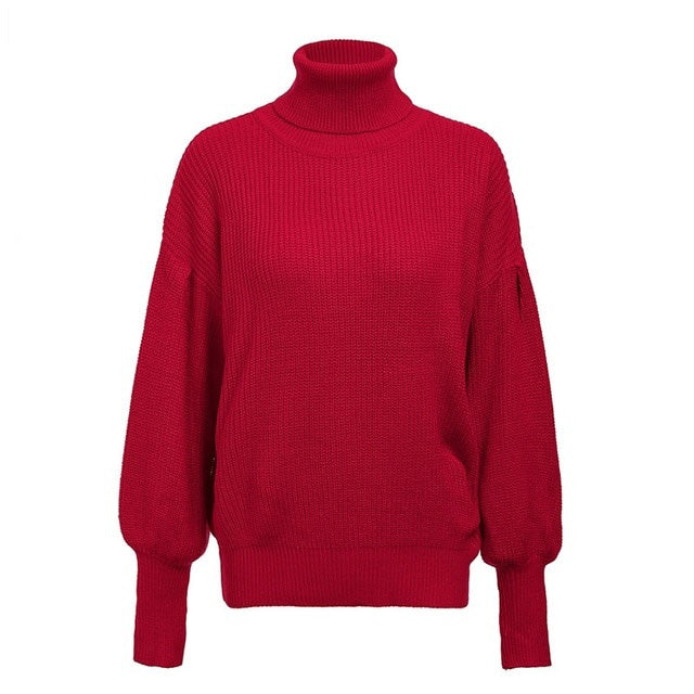 Turtleneck red winter sweater women knit Lantern sleeve white sweater female Loose oversized pullover knitted jumper - Mammalook
