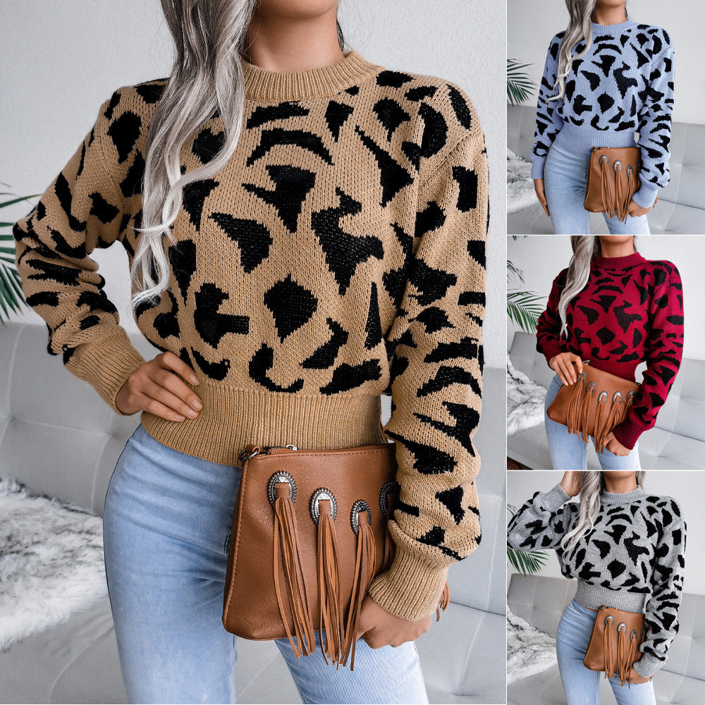 Casual Leopard Print Knit Sweater with Open Neck - Mammalook