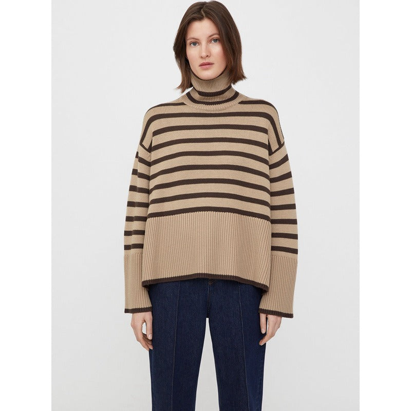 Versatile Knitting Turtleneck Striped Pullover Sweater For Women Long Sleeve Female Simplicity Clothing - Mammalook